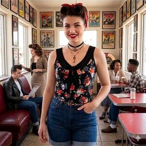 Cute Hot Topic Jrs XL Skulls N Roses Sailor Tie Collar Black Tank Top